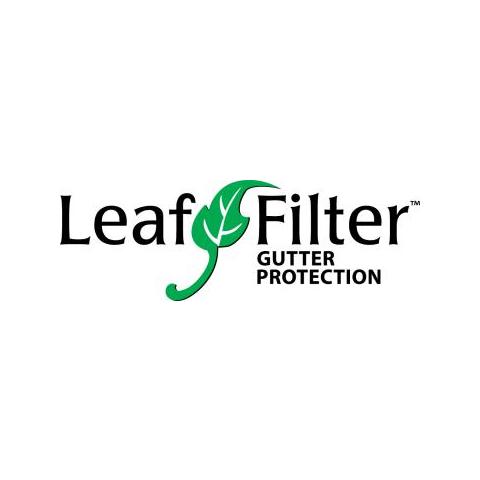 The image is a logo design for a company named Leaf Filter Gutter Protection, featuring a leaf shape between the word Leaf and the Word Filter 
