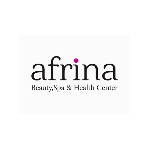 The image is a logo for a company named Afrina, which is a Beauty, Spa & Health Center. It features text in a specific font and style, showcasing graphic design and typography skills